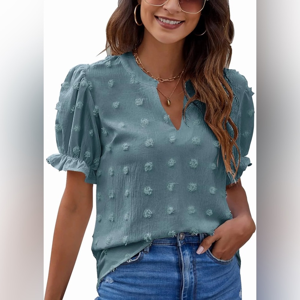 Blooming Jelly Swiss Dot Teal Blue Puff Sleeve V-Neck Blouse Women's Top
